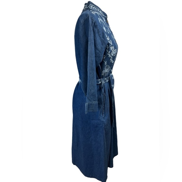 Marisol Denim Floral Embroidered Cottagecore Western Boho Belted Shirt Dress - Picture 5 of 6